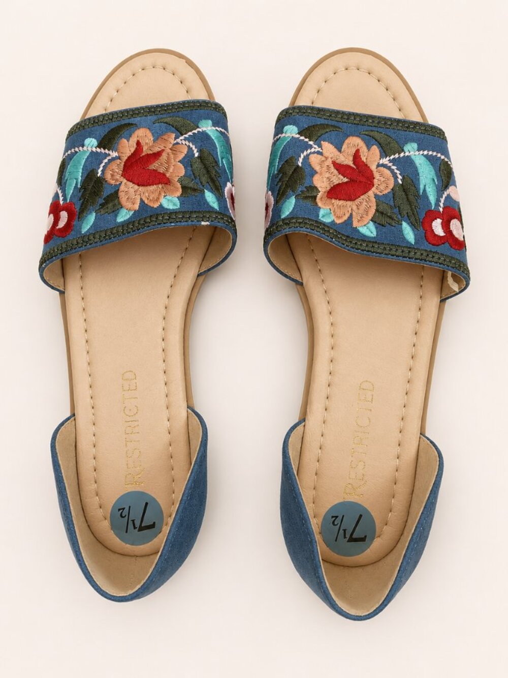 Restricted Blue Floral Embroidered Open Toe Slip On Shoes Women's Size 7.5 M